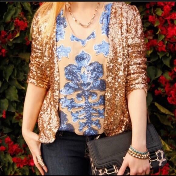 Tracy Reese Neiman Marcus + Target | Tan with Blue Sequins Relaxed Fit Blouse - Picture 14 of 14